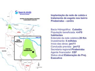 Implantação da rede de coleta e
tratamento de esgoto nos bairro
Pirabeiraba – centro


Bacia Hidrográfica: Cubatão
População beneficiada: 4.479
habitantes
Extensão da rede coletora:20 Km
Investimento: 5 milhões
Início das obras: jan/11
Conclusão prevista: jan/12
Secretaria regional:Pirabeiraba
Agente financiador: CEF
Status atual:Elaboração do Proj.
Executivo
 