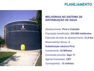 PLANEJAMENTO


MELHORIAS NO SISTEMA DE
DISTRIBUIÇÃO DE ÁGUA


Abastecimento: Piraí e Cubatão
População beneficiada: 235.000 habitantes
Extensão da rede de abastecimento: 31,8 Km
Reservatórios Novos: 3
Substituição adutora Piraí
Investimento: 34 Milhões
Conclusão prevista: Ago/ 11
Agente financiador: CEF
Contrapartida: 13 milhões
 