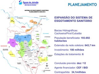 PLANEJAMENTO


EXPANSÃO DO SISTEMA DE
ESGOTAMENTO SANITÁRIO


Bacias Hidrográficas:
Cachoeira/Piraí/Cubatão
População beneficiada: 193.692
habitantes
Extensão da rede coletora: 643,7 km
Investimento: 190 milhões
Estações de tratamento: 6


Conclusão prevista: dez / 12
Agente financiador: CEF / BID
Contrapartida: 34,1milhões
 