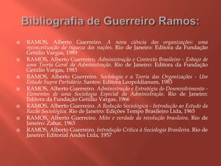  RAMOS, Alberto Guerreiro. A nova ciência das organizações: uma
reconceituação da riqueza das nações. Rio de Janeiro: Editora da Fundação
Getúlio Vargas, 1989
 RAMOS, Alberto Guerreiro. Administração e Contexto Brasileiro - Esboço de
uma Teoria Geral da Administração. Rio de Janeiro: Editora da Fundação
Getúlio Vargas, 1983
 RAMOS, Alberto Guerreiro. Sociologia e a Teoria das Organizações - Um
Estudo Supra Partidário. Santos: Editora Leopoldianum, 1983
 RAMOS, Alberto Guerreiro. Administração e Estratégia do Desenvolvimento -
Elementos de uma Sociologia Especial da Administração. Rio de Janeiro:
Editora da Fundação Getúlio Vargas, 1966
 RAMOS, Alberto Guerreiro. A Redução Sociológica - Introdução ao Estudo da
Razão Sociológica. Rio de Janeiro: Edições Tempo Brasileiro Ltda, 1965
 RAMOS, Alberto Guerreiro. Mito e verdade da revolução brasileira. Rio de
Janeiro: Zahar, 1963
 RAMOS, Alberto Guerreiro. Introdução Crítica à Sociologia Brasileira. Rio de
Janeiro: Editorial Andes Ltda, 1957
 