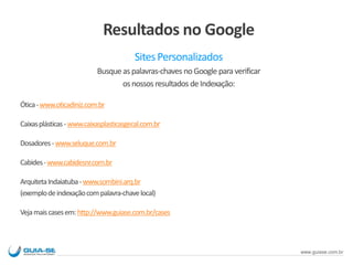 Resultados no Google
SitesPersonalizados
Busqueaspalavras-chaves noGoogle para verificar
osnossos resultados deIndexação:
Ótica-www.oticadiniz.com.br
Caixasplásticas-www.caixasplasticasgecal.com.br
Dosadores-www.seluque.com.br
Cabides-www.cabidesnr.com.br
ArquitetaIndaiatuba-www.sombini.arq.br
(exemplodeindexaçãocompalavra-chavelocal)
Vejamaiscasesem:http://www.guiase.com.br/cases
www.guiase.com.br
 