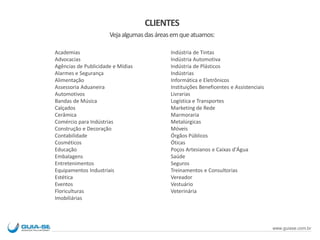 CLIENTES
Vejaalgumasdasáreasemqueatuamos:
Indústria de Tintas
Indústria Automotiva
Indústria de Plásticos
Indústrias
Informática e Eletrônicos
Instituições Beneficentes e Assistenciais
Livrarias
Logística e Transportes
Marketing de Rede
Marmoraria
Metalúrgicas
Móveis
Órgãos Públicos
Óticas
Poços Artesianos e Caixas d'Água
Saúde
Seguros
Treinamentos e Consultorias
Vereador
Vestuário
Veterinária
Academias
Advocacias
Agências de Publicidade e Mídias
Alarmes e Segurança
Alimentação
Assessoria Aduaneira
Automotivos
Bandas de Música
Calçados
Cerâmica
Comércio para Indústrias
Construção e Decoração
Contabilidade
Cosméticos
Educação
Embalagens
Entretenimentos
Equipamentos Industriais
Estética
Eventos
Floriculturas
Imobiliárias
www.guiase.com.br
 