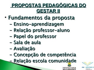 Fundamentos da proposta  - Ensino-aprendizagem - Relação professor-aluno - Papel do professor - Sala de aula - Avaliação - Concepção de competência - Relação escola comunidade PROPOSTAS PEDAGÓGICAS DO GESTAR II 