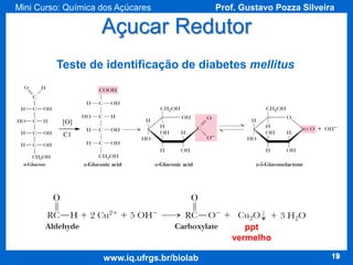 Mini Curso: Química dos Açúcares

Prof. Gustavo Pozza Silveira

Açucar Redutor
Teste de identificação de diabetes mellitus

ppt
vermelho
www.iq.ufrgs.br/biolab

19

 