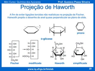 Mini Curso: Química dos Açúcares

Prof. Gustavo Pozza Silveira

Projeção de Haworth
A fim de evitar ligações torcidas não realísticas na projeção de Fischer,
Harworth propôs o desenho do anel quase perpendicular ao plano do slide.

pirano
D-glicose

Fischer

modificada
www.iq.ufrgs.br/biolab

Haworth

simplificada
23

 