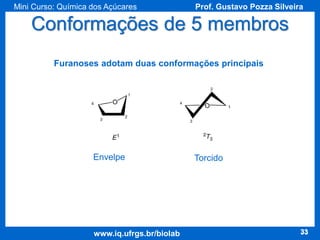 Mini Curso: Química dos Açúcares

Prof. Gustavo Pozza Silveira

Conformações de 5 membros
Furanoses adotam duas conformações principais

Envelpe

www.iq.ufrgs.br/biolab

Torcido

33

 