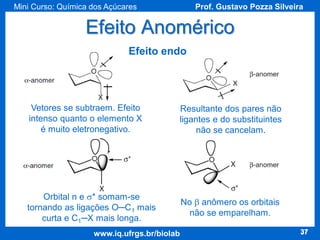 Mini Curso: Química dos Açúcares

Prof. Gustavo Pozza Silveira

Efeito Anomérico
Efeito endo

Vetores se subtraem. Efeito
intenso quanto o elemento X
é muito eletronegativo.

Resultante dos pares não
ligantes e do substituintes
não se cancelam.

Orbital n e s* somam-se
tornando as ligações O─C1 mais
curta e C1─X mais longa.

No b anômero os orbitais
não se emparelham.

www.iq.ufrgs.br/biolab

37

 