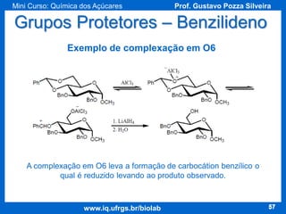 Mini Curso: Química dos Açúcares

Prof. Gustavo Pozza Silveira

Grupos Protetores – Benzilideno
Exemplo de complexação em O6

A complexação em O6 leva a formação de carbocátion benzílico o
qual é reduzido levando ao produto observado.

www.iq.ufrgs.br/biolab

57

 