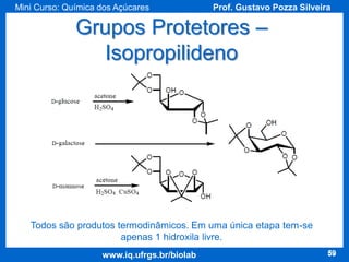 Mini Curso: Química dos Açúcares

Prof. Gustavo Pozza Silveira

Grupos Protetores –
Isopropilideno

Todos são produtos termodinâmicos. Em uma única etapa tem-se
apenas 1 hidroxila livre.
www.iq.ufrgs.br/biolab

59

 