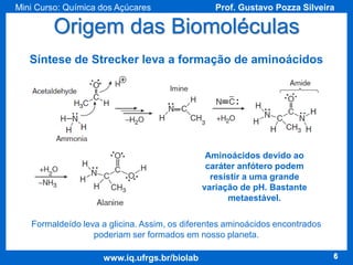Mini Curso: Química dos Açúcares

Prof. Gustavo Pozza Silveira

Origem das Biomoléculas
Síntese de Strecker leva a formação de aminoácidos

Aminoácidos devido ao
caráter anfótero podem
resistir a uma grande
variação de pH. Bastante
metaestável.
Formaldeído leva a glicina. Assim, os diferentes aminoácidos encontrados
poderiam ser formados em nosso planeta.

www.iq.ufrgs.br/biolab

6

 