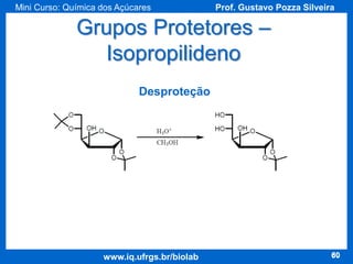 Mini Curso: Química dos Açúcares

Prof. Gustavo Pozza Silveira

Grupos Protetores –
Isopropilideno
Desproteção

www.iq.ufrgs.br/biolab

60

 