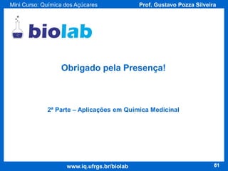 Mini Curso: Química dos Açúcares

Prof. Gustavo Pozza Silveira

Obrigado pela Presença!

2ª Parte – Aplicações em Química Medicinal

www.iq.ufrgs.br/biolab

61

 