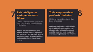Pais inteligentes
enriquecem seus
ﬁlhos.
Como preparar ﬁlhos para lida-
rem de maneira saudável com
o dinheiro.
Aborda atitudes simples e ferra-
mentas interessantes que podem
ser utilizadas para que seus filhos e
alunos adquiram uma postura bas-
tante saudável em relação ao di-
nheiro.
7 Toda empresa deve
produzir dinheiro.
Onde se esconde o lucro das
boas empresas.
Orienta empresários e empreende-
dores a identificarem as informa-
ções corretas antes da tomada de
decisão, para que cada passo con-
duza seus negócios ao crescimento.
6
 