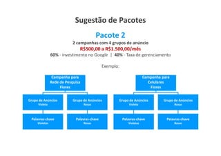 Sugestão de Pacotes
                                           Pacote 2
                            2 campanhas com 4 grupos de anúncio
                                R$500,00 a R$1.500,00/mês
                60% - investimento no Google | 40% - Taxa de gerenciamento

                                              Exemplo:

                 Campanha para                                         Campanha para
                Rede de Pesquisa                                         Celulares
                     Flores                                               Flores


Grupo de Anúncios           Grupo de Anúncios        Grupo de Anúncios           Grupo de Anúncios
     Violeta                       Rosas                     Violeta                   Rosas



 Palavras-chave              Palavras-chave              Palavras-chave           Palavras-chave
     Violetas                      Rosas                    Violetas                   Rosas
 