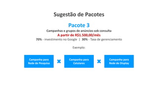 Sugestão de Pacotes
                           Pacote 3
             Campanhas e grupos de anúncios sob consulta
                    A partir de R$1.500,00/mês
     70% - investimento no Google | 30% - Taxa de gerenciamento

                              Exemplo:


 Campanha para              Campanha para             Campanha para
Rede de Pesquisa              Celulares               Rede de Display
 