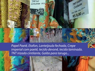 Visita ao
                                        Saara




Papel Paetê, Etafon, Lanteijoula fechada, Crepe
imperial com paetê, tecido devonê, tecido laminado.
TNT irizado cintilante, Galão para tarugo...
 