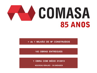 + de 1 MILHÃO DE M² CONSTRUÍDOS



     143 OBRAS ENTREGUES



   1 OBRA COM INÍCIO 01/2013
     NOUVEAU GRAJAÚ - 39 UNIDADES
 