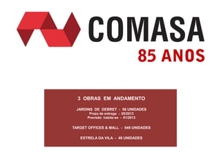 3 OBRAS EM ANDAMENTO

 JARDINS DE DEBRET - 56 UNIDADES
        Prazo de entrega - 05/2013
       Previsão habite-se - 01/2013


TARGET OFFICES & MALL - 549 UNIDADES

   ESTRELA DA VILA - 48 UNIDADES
 