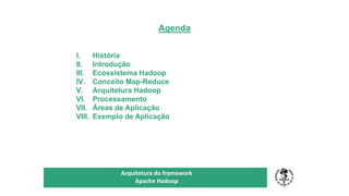 Agenda
TÍTULO DO SEU SEMINÁRIO
Subtítulo
Arquitetura do framework
Apache Hadoop
I. História
II. Introdução
III. Ecossistema Hadoop
IV. Conceito Map-Reduce
V. Arquitetura Hadoop
VI. Processamento
VII. Áreas de Aplicação
VIII. Exemplo de Aplicação
 