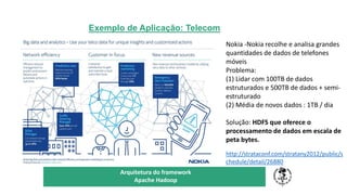 Exemplo de Aplicação: Telecom
TÍTULO DO SEU SEMINÁRIO
Subtítulo
Arquitetura do framework
Apache Hadoop
Nokia -Nokia recolhe e analisa grandes
quantidades de dados de telefones
móveis
Problema:
(1) Lidar com 100TB de dados
estruturados e 500TB de dados + semi-
estruturado
(2) Média de novos dados : 1TB / dia
Solução: HDFS que oferece o
processamento de dados em escala de
peta bytes.
http://strataconf.com/stratany2012/public/s
chedule/detail/26880
 