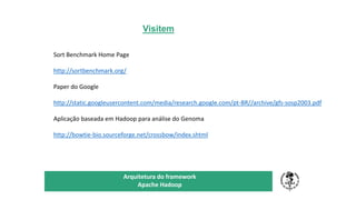 Visitem
TÍTULO DO SEU SEMINÁRIO
Subtítulo
Arquitetura do framework
Apache Hadoop
Sort Benchmark Home Page
http://sortbenchmark.org/
Paper do Google
http://static.googleusercontent.com/media/research.google.com/pt-BR//archive/gfs-sosp2003.pdf
Aplicação baseada em Hadoop para análise do Genoma
http://bowtie-bio.sourceforge.net/crossbow/index.shtml
 