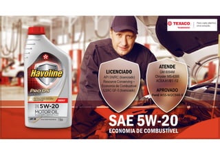 ECONOMIA DE COMBUSTÍVEL
SAE 5W-20
ATENDE
GM 6094M
Chrysler MS-6395
ACEAA1/B1 -12
APROVADO
Ford WSS-M2C948-B
LICENCIADO
API SN/RC (licenciado)
Resource Conserving –
Economia de Combustível
ILSAC GF-5 (licenciado)
 