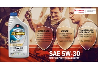 EXTREMA PROTEÇÃO AO MOTOR
SAE 5W-30
ATENDE
FORD WSS-M2C946-A
GM 6094M
Chrysler MS-6395
LICENCIADO
GM Dexos1 (aprovado)
API SN/RC (licenciado)
Resource Conserving –
Economia de Combustível
ILSAC GF-5 (licenciado)
TAMBÉM PODE
SER USADO EM
FORD WSS-MC2913-B
FORD WSS-MC2913-C
Fiat 9.55535-CR1 Fiat 9.55535-G1
 