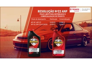 RESOLUÇÃO Nº22 ANP
PRAZO LIMITE PARA DISTRIBUIÇÃO E
COMERCIALIZAÇÃO DE PRODUTO
Níveis de desempenho Distribuição Comercialização
API SF | API CF
API SJ | API CG-4 | ACEA
31/03/15
31/03/17
31/06/15
31/06/17
 