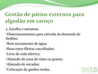 Gestão de pátios externos para
algodão em caroço
1. Escolha e estrutura
•Dimensionamento para retirada da demanda de
fardões;
•Bom escoamento de água;
•Ruas entre fileiras cascalhadas;
•Livre de rede elétrica;
•Afastado de zona de mata ou grama;
•Afastado de estradas;
•Colocação de quebra-molas.
 