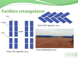 10 m
0,5 m
2 m
2 m
Fardões retangulares
Fonte: SLC Agrícola, 2013.
Fonte: SLC Agrícola, 2013.
Fonte: Spidexlonas,2017.
 