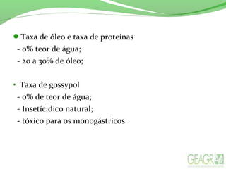 Taxa de óleo e taxa de proteínas
- 0% teor de água;
- 20 a 30% de óleo;
• Taxa de gossypol
- 0% de teor de água;
- Insetícidico natural;
- tóxico para os monogástricos.
 