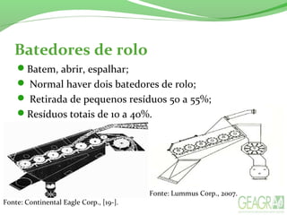 Batedores de rolo
Batem, abrir, espalhar;
 Normal haver dois batedores de rolo;
 Retirada de pequenos resíduos 50 a 55%;
Resíduos totais de 10 a 40%.
Fonte: Continental Eagle Corp., [19-].
Fonte: Lummus Corp., 2007.
 
