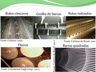 Rolos côncavos Rolos redondos
Barras quadradasDiscos
Grelha de barras
Fonte: Cotimes, 2007. Fonte: Cotimes do Brasil, 2010.
Fonte: Continental Eagle Corp., [20-].
onte:CotimesdoBrasil,201.0
 