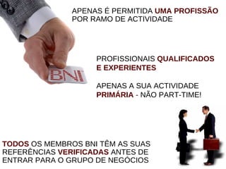 APENAS É PERMITIDA  UMA PROFISSÃO   POR RAMO DE ACTIVIDADE TODOS  OS MEMBROS BNI TÊM AS SUAS REFERÊNCIAS  VERIFICADAS   ANTES DE ENTRAR PARA O GRUPO DE NEGÓCIOS PROFISSIONAIS  QUALIFICADOS E EXPERIENTES APENAS A SUA ACTIVIDADE   PRIMÁRIA  -  NÃO PART-TIME! 