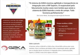 “O sistema da G2KA mostrou agilidade e transparência na
                                        integração com o ERP Sapiens. O responsável pelo
                                       faturamento muitas vezes nem lembra que existe o
                                         sistema da G2KA fazendo o meio de campo. Tudo
                                                     funciona perfeitamente.”
                                                 Osni Junior Mette, Tecnologia de Informação da Hemmer


A Hemmer é uma das mais antigas
indústrias do ramo de alimentos
                                                                                    Porque escolheu a G2KA:
em conserva do Brasil, já está na
sua quinta geração. Referência em                                                    Boa negociação;
conservas tradicionais como                                                          Segurança na integração com o
chucrute, pepino e beterraba a                                                        ERP Sapiens;
empresa possui uma grande
                                                                                     Agilidade demonstrada pela
variedade de produtos, entre eles
                                                                                      solução.
mostardas, xaropes, frutas em
calda e outros.


                                    Sobre a parceria
                                    A Hemmer utiliza o G2KA NF-e, G2KA e-Doc e Portal B2B e afirma estar muito
                                    satisfeita. Entre os atributos percebidos estão a implantação rápida e agilidade
                                    que as soluções deram ao processo. A integração entre o sistema da G2KA,
                                    Sapiens e a SEFAZ é vista como rápida e eficiente.
 