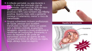  A infeção perinatal, ou seja durante o
parto, é uma das principais vias de
transmissão, com cerca de 20% de risco
de transmissão para mães HBsAg-
positivas e 90% caso também seja HBeAg-
positiva. Quanto mais cedo a gestante
começar o tratamento, menor o risco de
transmissão.
 Grupos vulneráveis incluem profissionais
de saúde, pessoas que recebem
transfusões ou fazem diálise em países
sem o devido controle, acupuntura,
tatuagem, viajantes a locais endêmicos e
residentes de instituições. Entretanto, o
vírus da hepatite B não pode ser
transmitido através de aperto de mão,
compartilhamento de talheres ou copos,
beijo, abraço, tosse ou espirro.
 