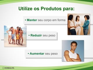Utilize os Produtos para: •  Manter  seu corpo em forma •  Reduzir  seu peso •  Aumentar  seu peso 