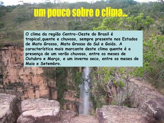 um pouco sobre o clima... O clima da região Centro-Oeste do Brasil é tropical,quente e chuvoso, sempre presente nos Estados de Mato Grosso, Mato Grosso do Sul e Goiás. A característica mais marcante deste clima quente é a presença de um verão chuvoso, entre os meses de Outubro e Março, e um inverno seco, entre os meses de Maio e Setembro. 