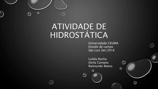 ATIVIDADE DE
HIDROSTÁTICA
Universidade CEUMA
Estudo de campo
São Luis Set/2016
Luilda Rocha
Ozita Campos
Raimundo Matos
 