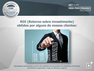 ROI (Retorno sobre investimento)
obtidos por alguns de nossos clientes:
Resultados mensurados a partir da avaliação de executivos de empresas de diversos
tamanhos e segmentos. (veja os clientes a seguir)
 