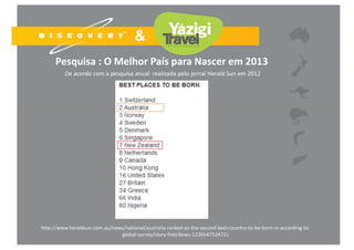 Pesquisa : O Melhor País para Nascer em 2013
De acordo com a pesquisa anual realizada pelo jornal Herald Sun em 2012
http://www.heraldsun.com.au/news/national/australia-ranked-as-the-second-best-country-to-be-born-in-according-to-
global-survey/story-fndo3ewo-1226547524721
 