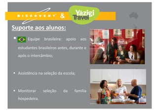 Suporte aos alunos:
 Equipe brasileira: apoio aos
estudantes brasileiros antes, durante e
após o intercâmbio;
 Assistência na seleção da escola;
 Monitorar seleção da família
hospedeira.
23
 