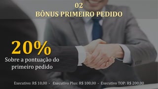 20%Sobre a pontuação do
primeiro pedido
Executivo: R$ 10,00 - Executivo Plus: R$ 100,00 - Executivo TOP: R$ 200,00
02
BÔNUS PRIMEIRO PEDIDO
 