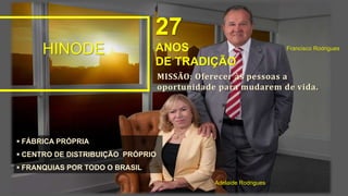 HINODE Francisco Rodrigues
Adelaide Rodrigues
27
ANOS
DE TRADIÇÃO
MISSÃO: Oferecer às pessoas a
oportunidade para mudarem de vida.
 FÁBRICA PRÓPRIA
 CENTRO DE DISTRIBUIÇÃO PRÓPRIO
 FRANQUIAS POR TODO O BRASIL
 