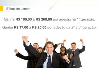 Bônus de Linear
Ganhe R$ 100,00 a R$ 200,00 por adesão na 1ª geração.
Ganhe R$ 17,00 a R$ 20,00 por adesão da 2ª a 5ª geração.
 