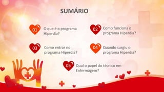 O que é o programa
Hiperdia?
01 Como funciona o
programa Hiperdia?
02
Como entrar no
programa Hiperdia?
03 Quando surgiu o
programa Hiperdia?
04
05 Qual o papel do técnico em
Enfermágem?
SUMÁRIO
 