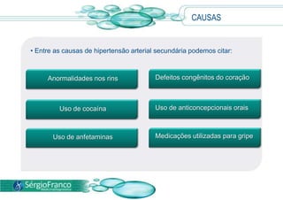 CAUSAS
• Entre as causas de hipertensão arterial secundária podemos citar:
Defeitos congênitos do coração
Uso de anticoncepcionais orais
Medicações utilizadas para gripe
Anormalidades nos rins
Uso de cocaína
Uso de anfetaminas
 