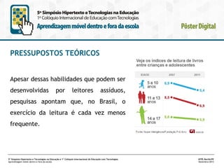 PRESSUPOSTOS TEÓRICOS
Apesar dessas habilidades que podem ser
desenvolvidas

por

leitores

assíduos,

pesquisas apontam que, no Brasil, o
exercício da leitura é cada vez menos
frequente.

5º Simpósio Hipertexto e Tecnologias na Educação e 1º Colóquio Internacional de Educação com Tecnologias
Aprendizagem móvel dentro e fora da escola

UFPE.Recife/PE
Novembro/2013

 