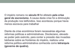 Império Romano: principadoOtávio Augusto, o fundador do Império Romano, estabeleceu em Roma a forma de Governo chamado de PrincipadoPossuía as prerrogativas de cônsul, de comandante do exército, de tribuno e de prefeito dos costumesDividiu as províncias em senatoriais e imperiais; reorganizou a economia do império, incentivando a produção e protegendo as rotas comerciais, estabeleceu o serviço imperial de correios, embelezou a capital, construindo termas, aquedutos, mercados teatros e pontes, incentivou o desenvolvimento cultural; tentou revigorar as crenças religiosas tradicionais