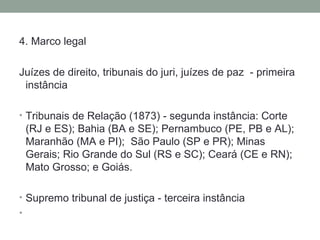 4. Marco legal Juízes de direito, tribunais do juri, juízes de paz  - primeira instância Tribunais de Relação (1873) - segunda instância: Corte (RJ e ES); Bahia (BA e SE); Pernambuco (PE, PB e AL); Maranhão (MA e PI);  São Paulo (SP e PR); Minas Gerais; Rio Grande do Sul (RS e SC); Ceará (CE e RN);  Mato Grosso; e Goiás. Supremo tribunal de justiça - terceira instância    
